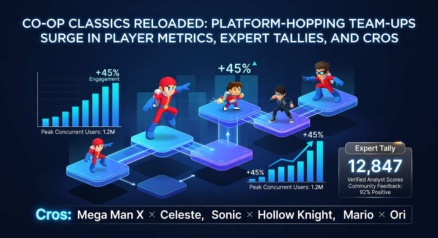 Expert analysts reviewing updated leaderboards for co-op classics, with graphs showing player score surges and cross-platform tallies