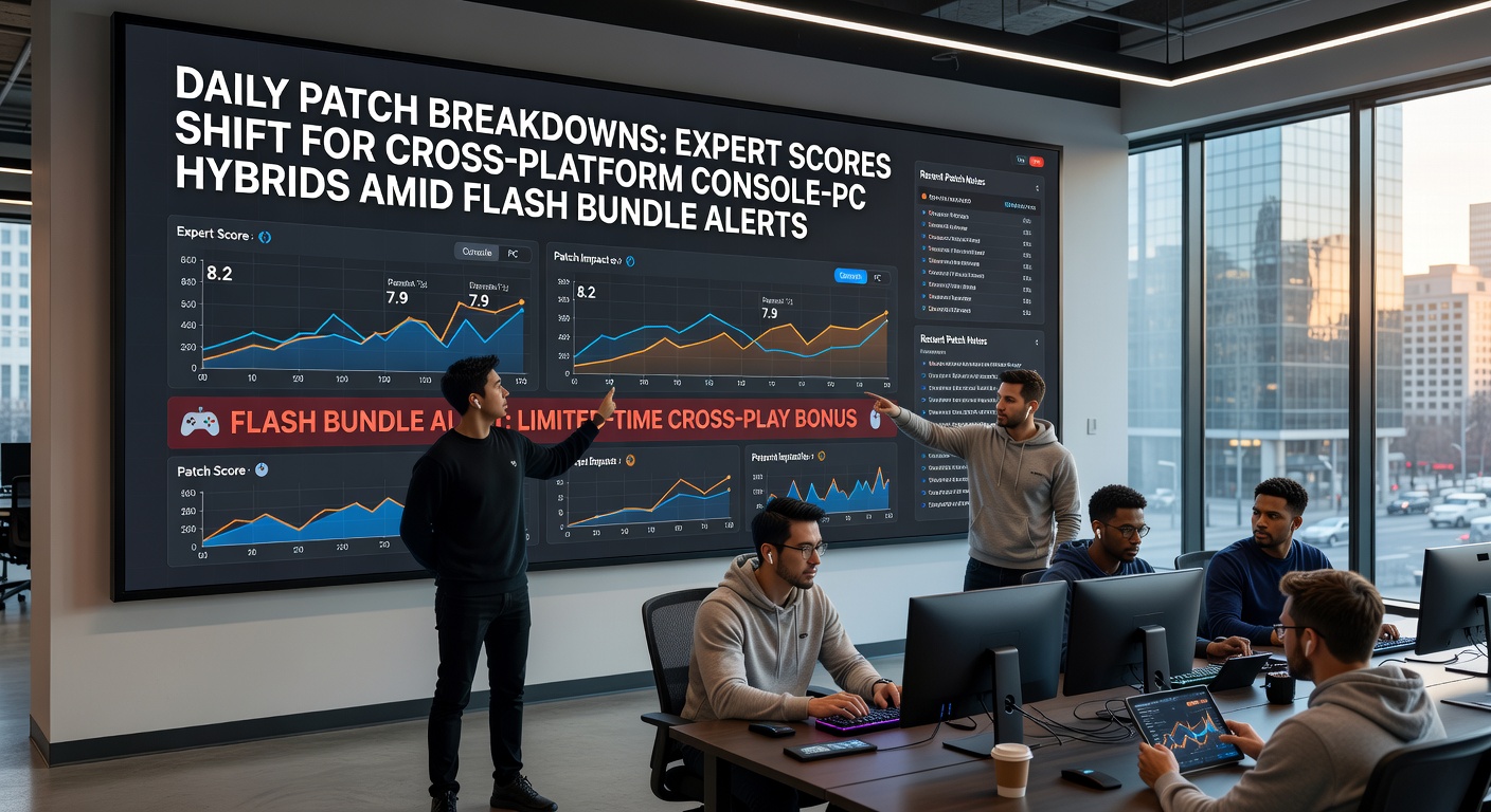 Dynamic screenshot from a cross-platform hybrid game showing seamless console-PC integration during multiplayer action, with overlay patch notes visible