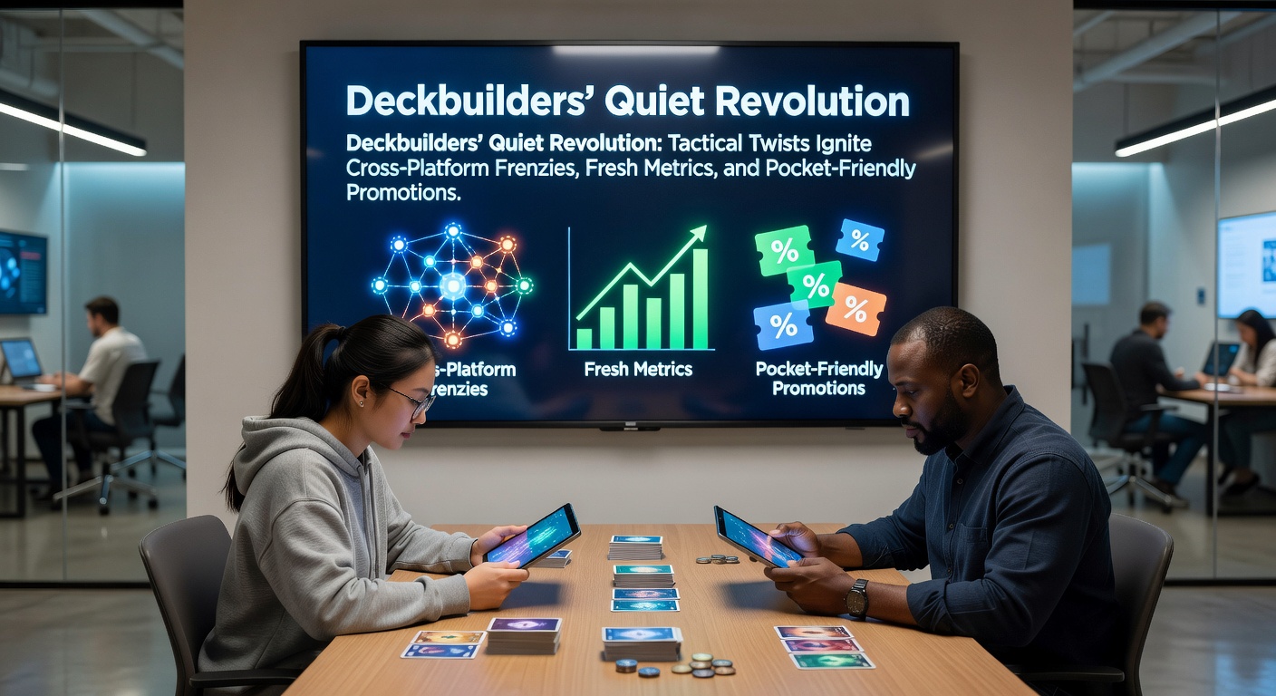 Vibrant screenshot of a deckbuilding game interface displaying tactical card synergies across PC, console, and mobile platforms during a heated multiplayer match