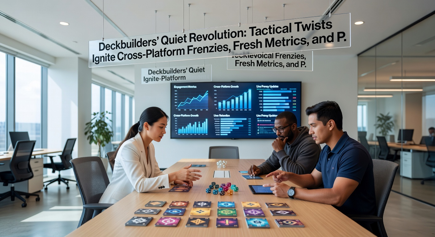 Dynamic leaderboard graphic from a cross-platform deckbuilder, highlighting top players' win rates, deck compositions, and promotional bundle icons across devices