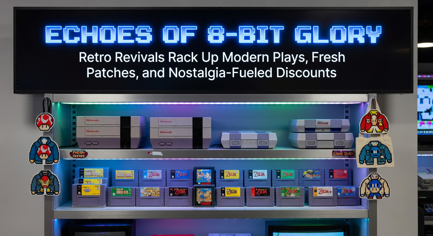 Pixelated sprites from classic 8-bit games light up modern screens amid surging player counts and discount banners