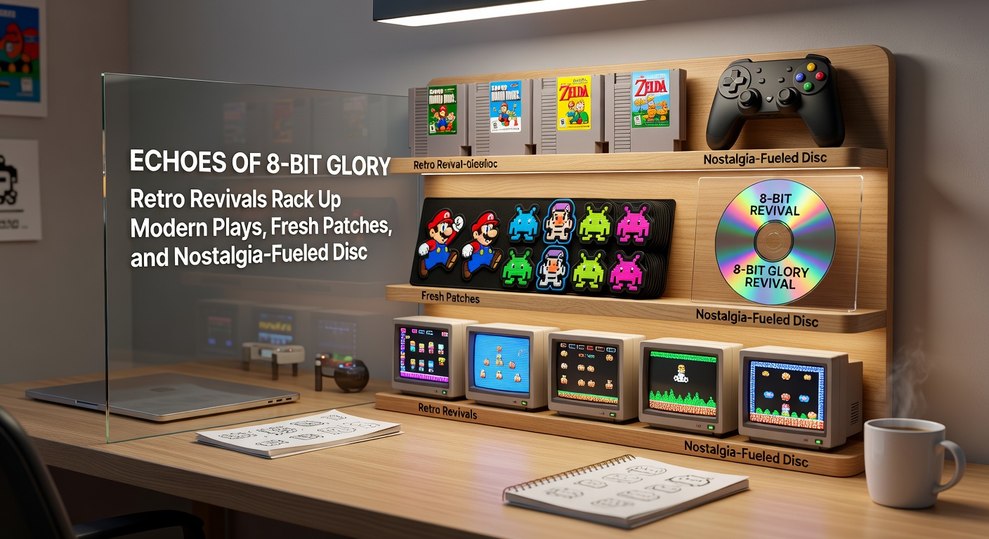 A montage of discounted retro game bundles on digital storefronts, featuring 8-bit icons like Mario, Link, and Ryu amid sale tags