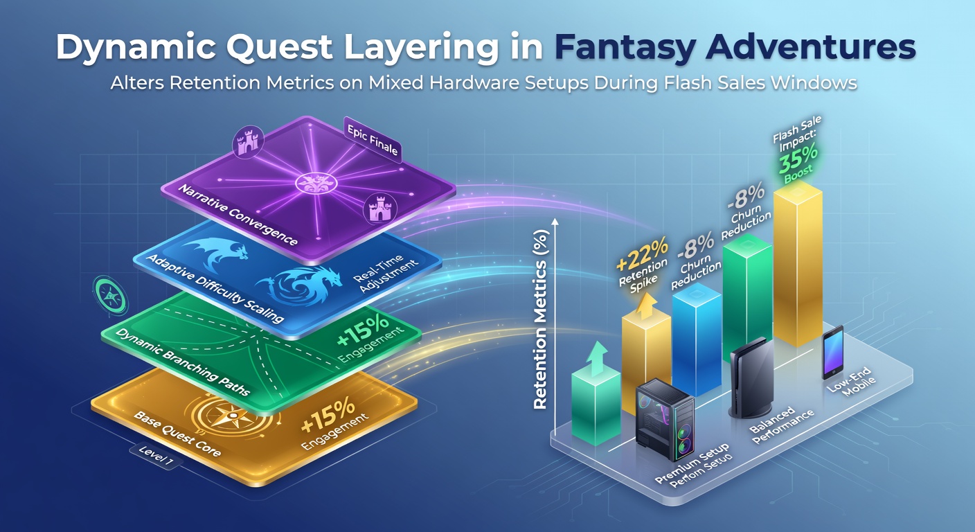 Dynamic quest layering mechanics visualized across fantasy game interfaces on multiple devices