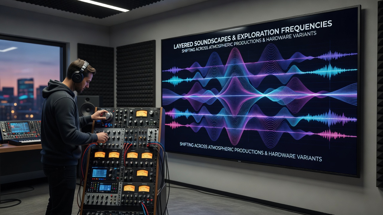 Detailed view of audio waveform layers in an atmospheric production displayed on multiple hardware devices