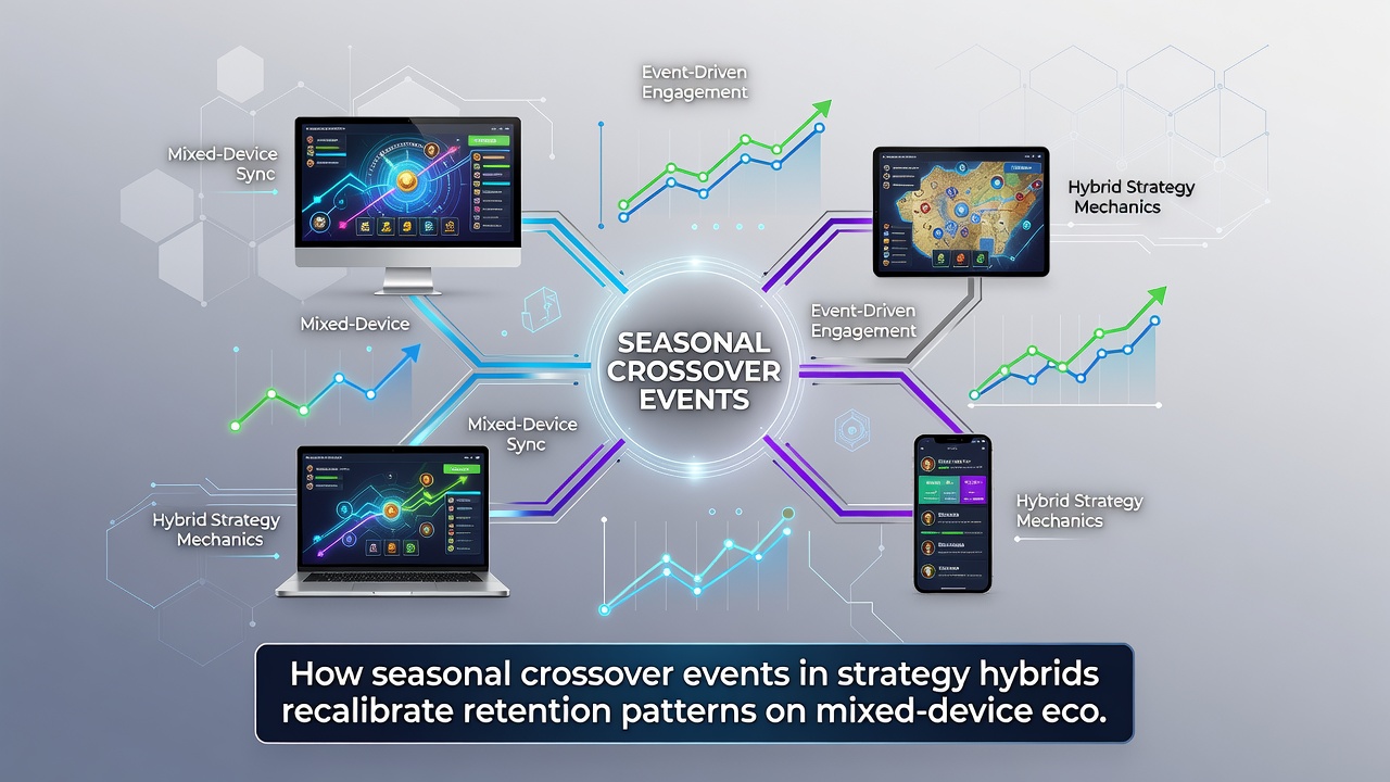 Analytics dashboard displaying retention curves and device crossover metrics for strategy hybrid titles