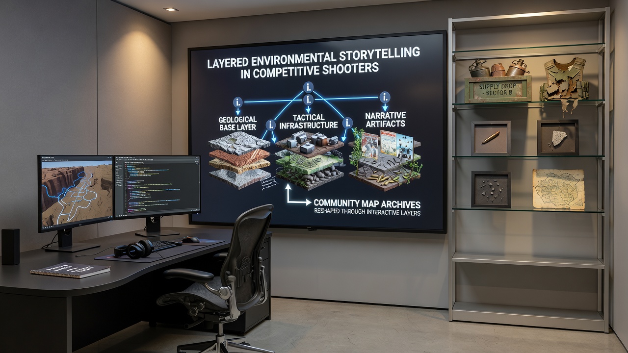 Tournament circuit participants reviewing mod-integrated maps with layered environmental storytelling in competitive shooter environments