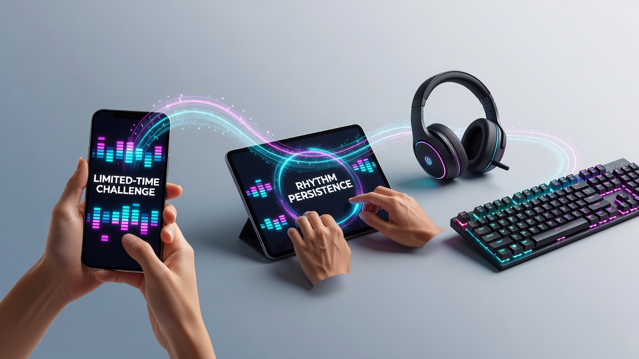 Players engaging with rhythm challenges on different hardware while marketplace incentive banners appear on screen