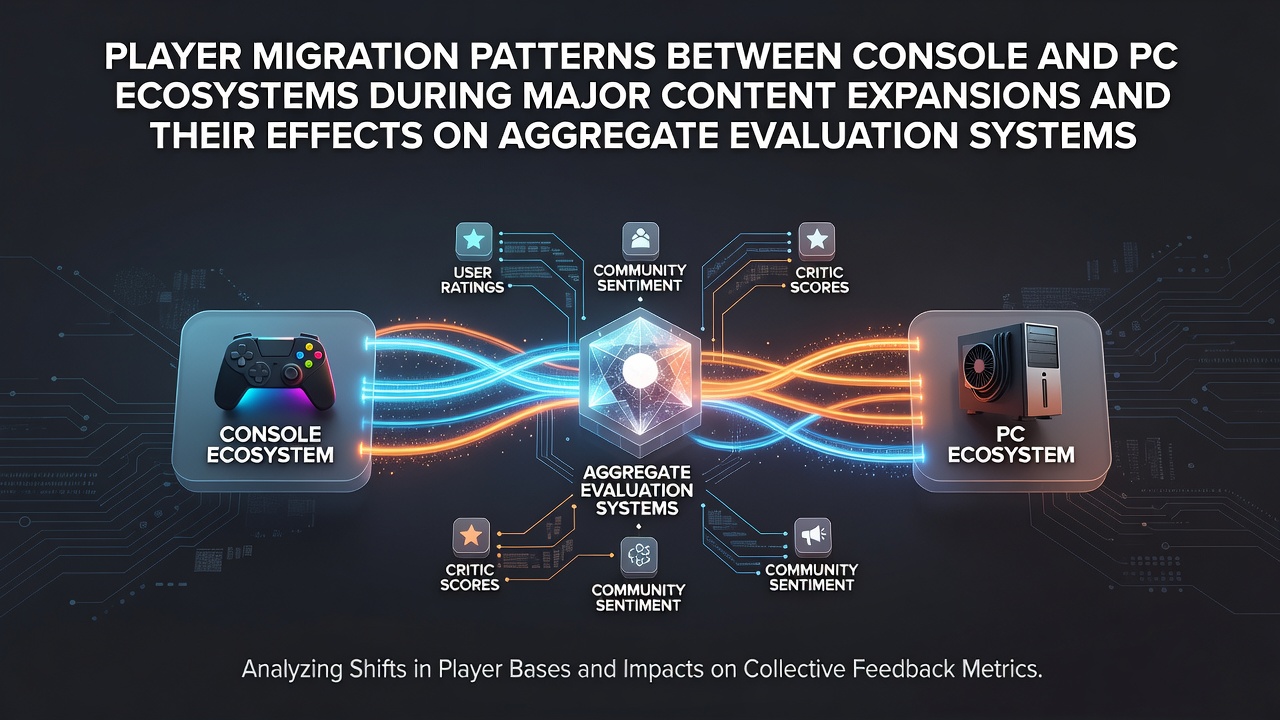 Infographic showing player migration flows between console and PC platforms during content expansion periods with arrows indicating direction and volume