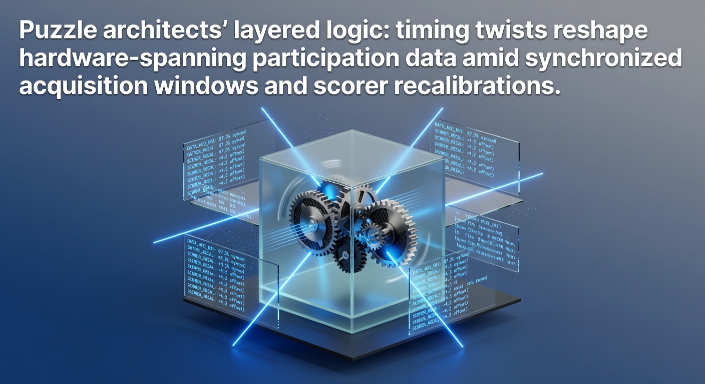Puzzle game interface showing layered logic mechanics across multiple hardware platforms during a timed acquisition event