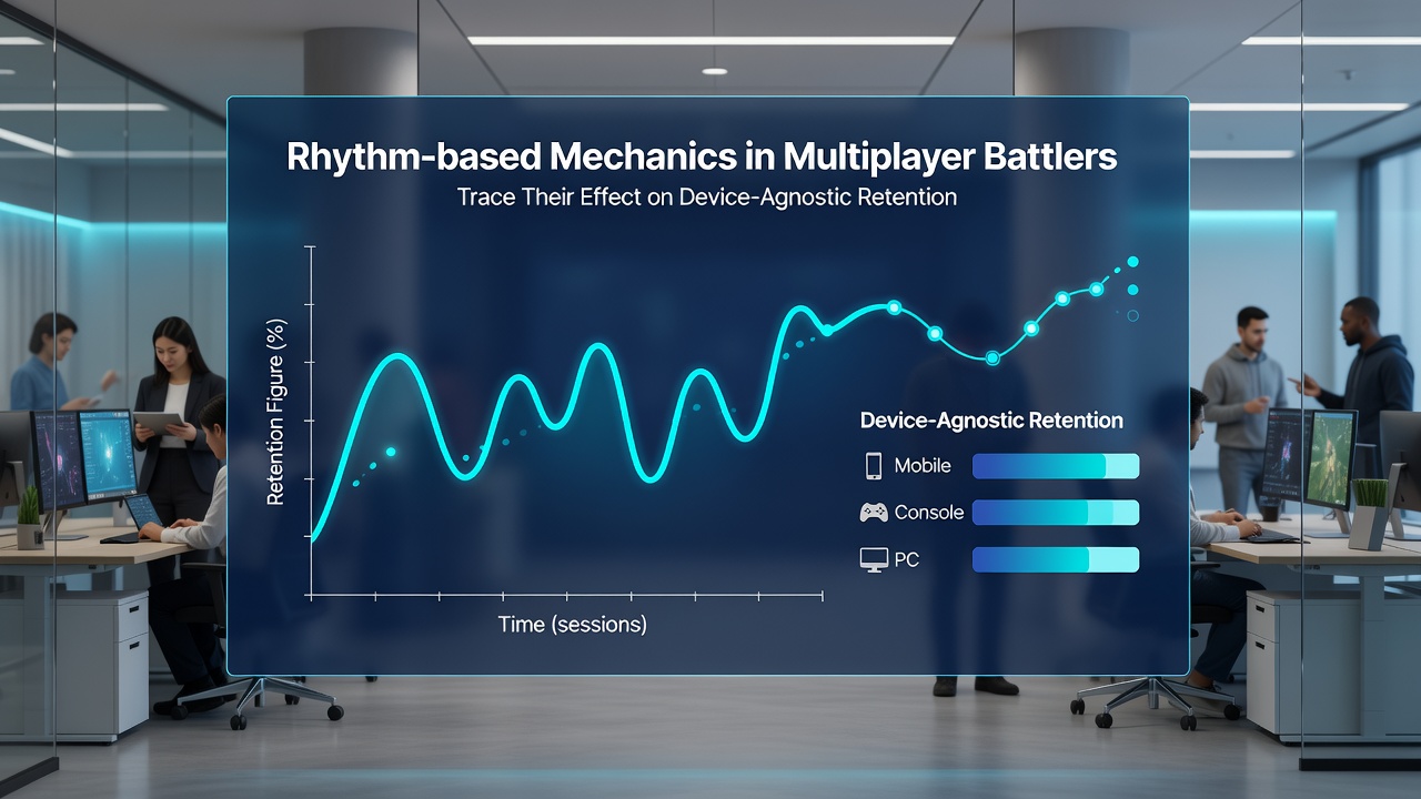 Analytics dashboard displaying retention curves for rhythm-enhanced battlers post feature drop