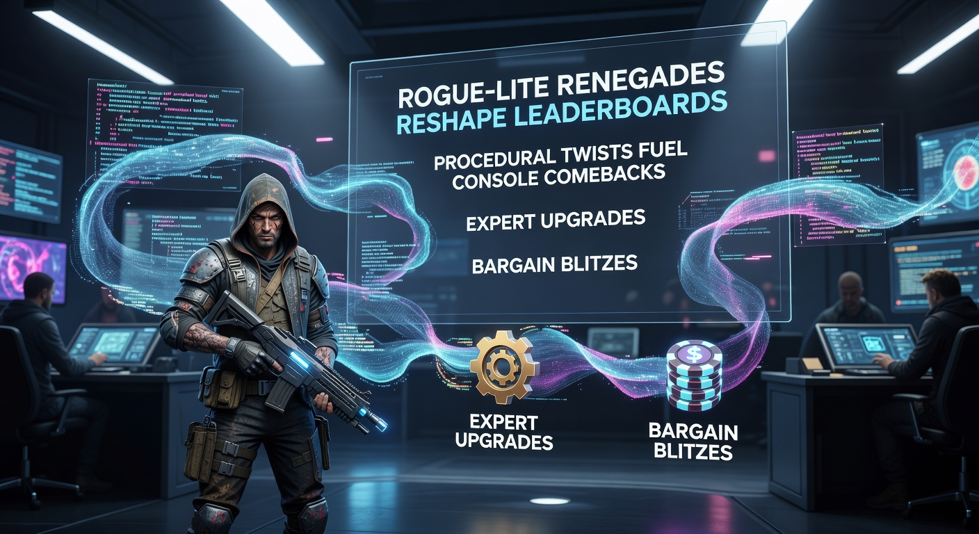 Vibrant rogue-lite leaderboard displaying top procedural runs on consoles, with scores climbing amid expert challenges