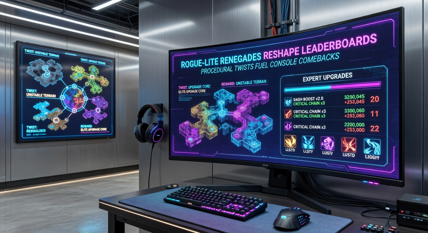 Console gamers huddled around a screen, analyzing procedural rogue-lite strategies during a heated leaderboard push