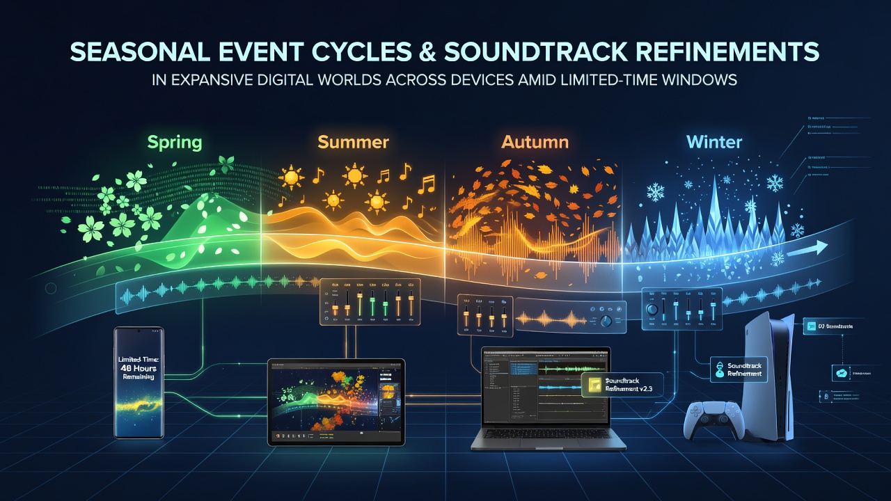 Expansive digital world scene showing seasonal event elements with refined audio layers across multiple devices