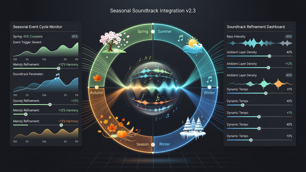 Audio refinement process in digital worlds with seasonal themes displayed on console, PC, and mobile interfaces
