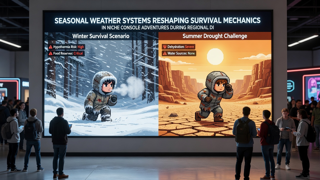 In-game screenshot of adaptive survival mechanics where seasonal wind and rain systems force route changes and equipment swaps in a niche console adventure