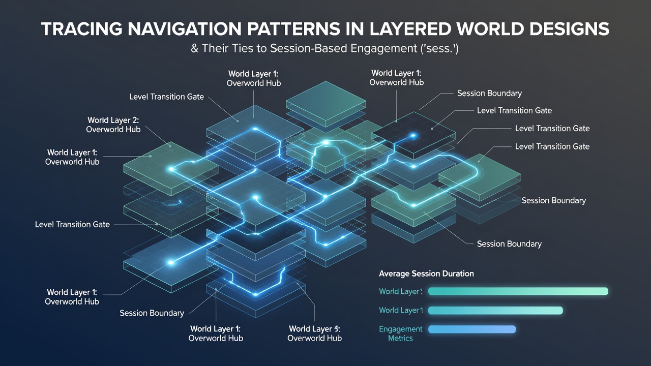 Cross-platform session duration charts overlaid with navigation path density in layered game worlds during July 2026 sales events