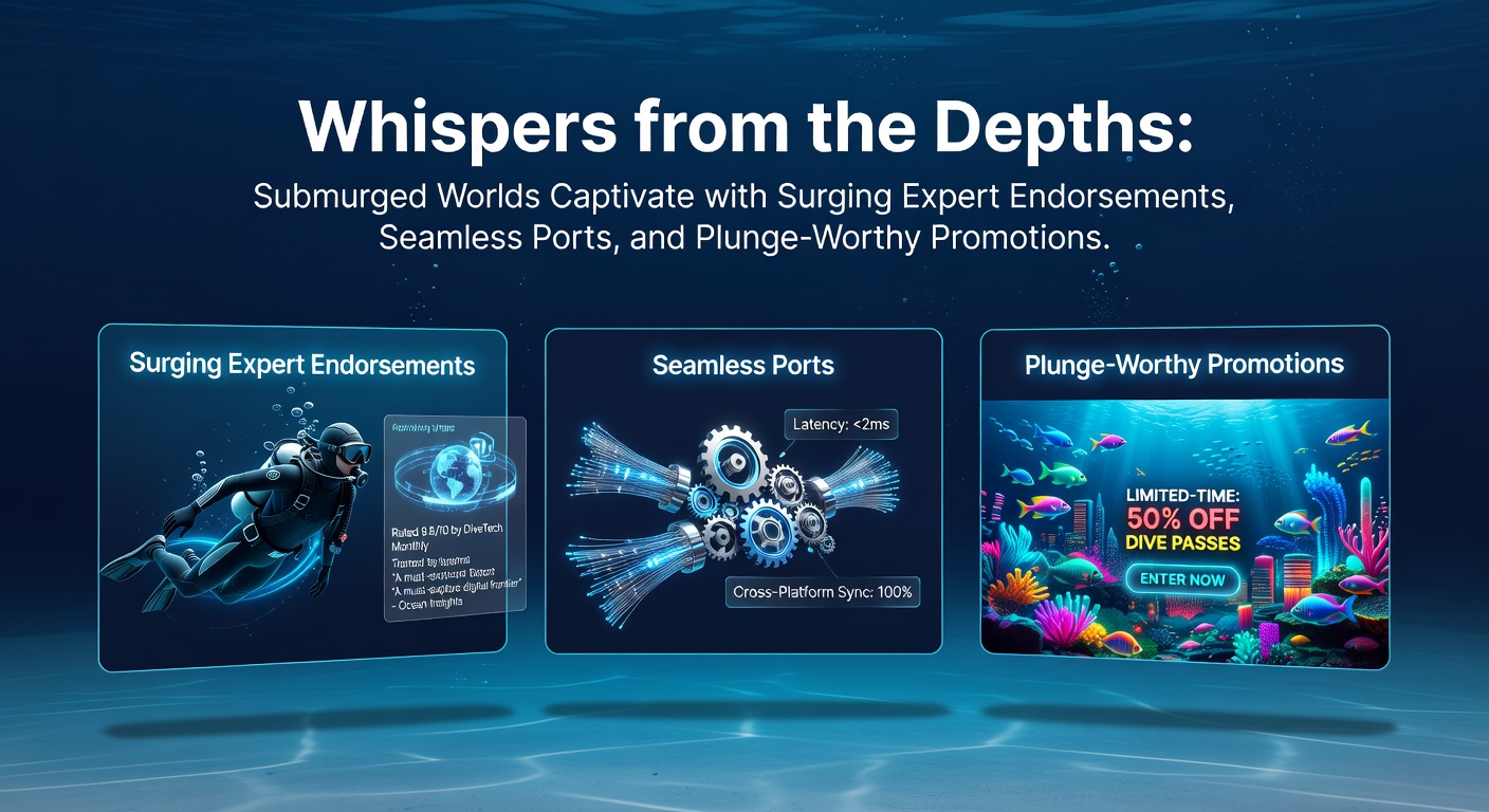 Vibrant underwater exploration scene from a submerged world game, featuring bioluminescent creatures and ancient ruins glowing in deep blue hues